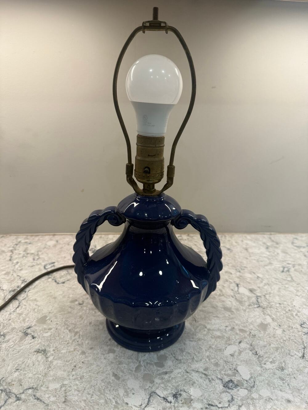 Vintage Cobalt Blue Amphora Style Table Lamp Glossy Urn-form w Handles Works